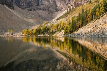 An autumn view from the west end of Lake Agnes at Lake Louise, Alberta, Canada