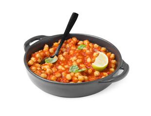 Delicious chickpea curry with lime and basil isolated on white