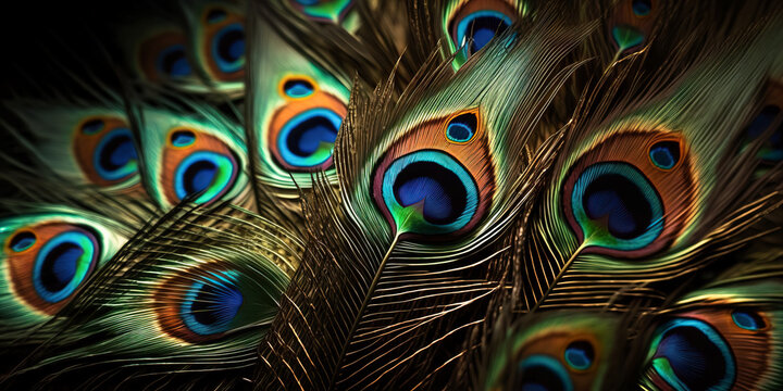 Peacock feather close up, bright colorful bird feathers.  Image created with generative ai 