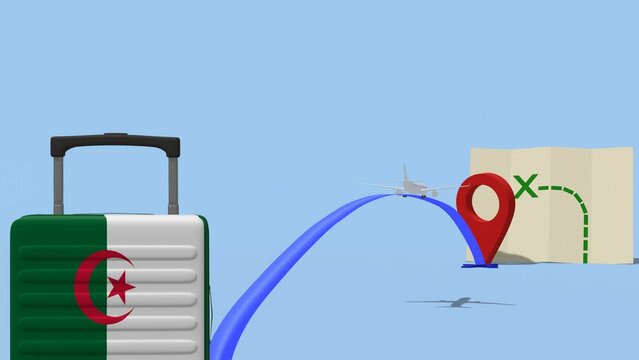 Animation Airline with location marker and suitcase. Travel to  - Algeria