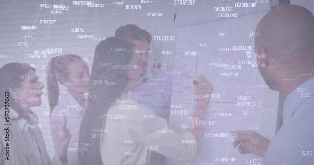 Poster animation of data processing over diverse business people working in office