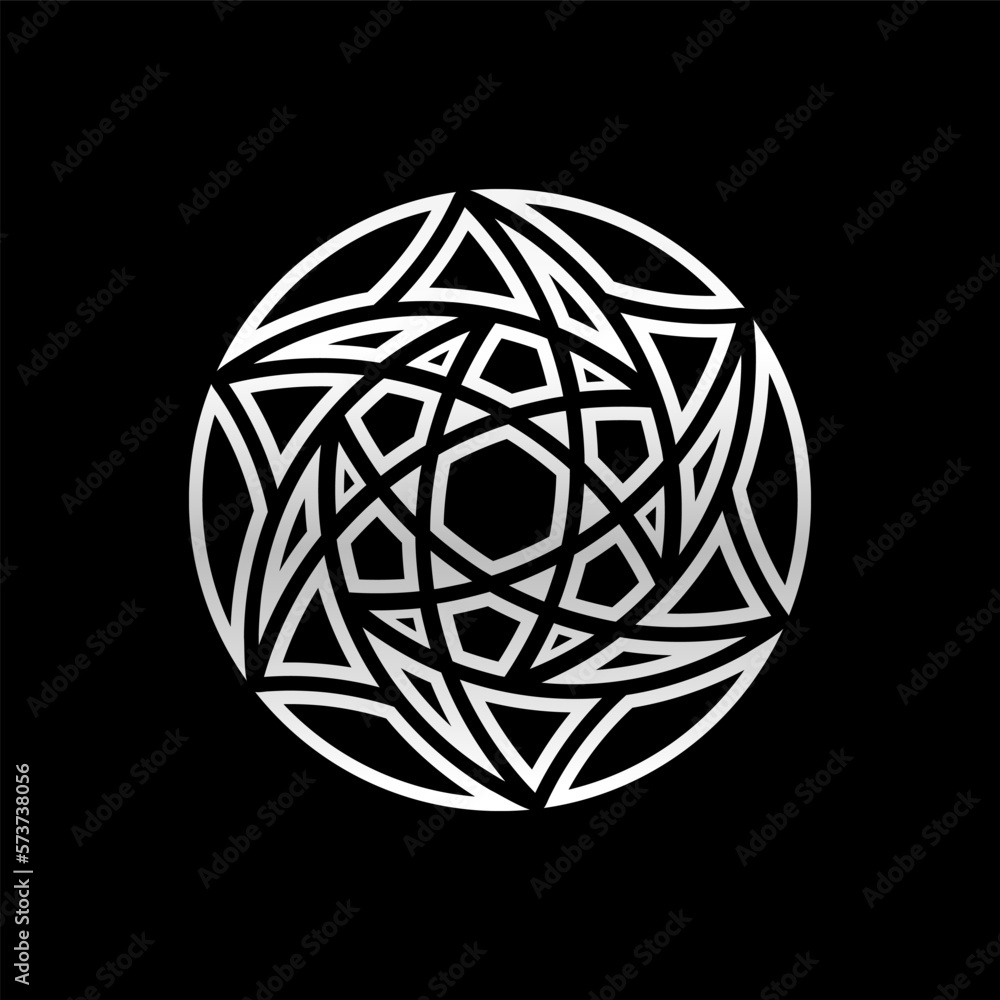Poster abstract circular geometric symbol design with modern style and shinny silver color. isolated on bla