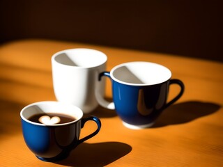 Coffee cups sitting on a wood table with lights and bokeh