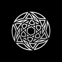 Abstract Circular Geometric Symbol Design with Modern Style and Shinny Silver Color. Isolated on Black Background.