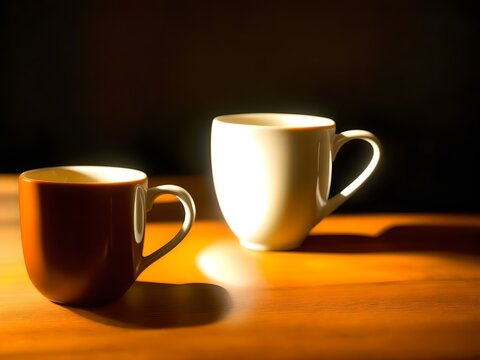 Coffee cups sitting on a wood table with lights and bokeh