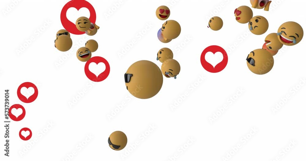 Poster animation of multiple red heart icons and face emojis floating against white background