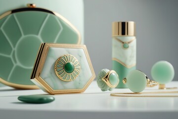 Emerald Cosmetic Boxes and Emerald Jewelry on a  Dressing Tables