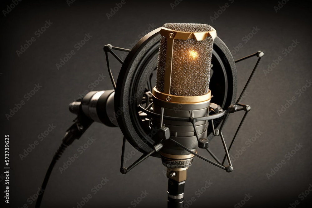 Poster a microphone with a condenser element. stereo microphone on a tripod. audio recording microphone. in