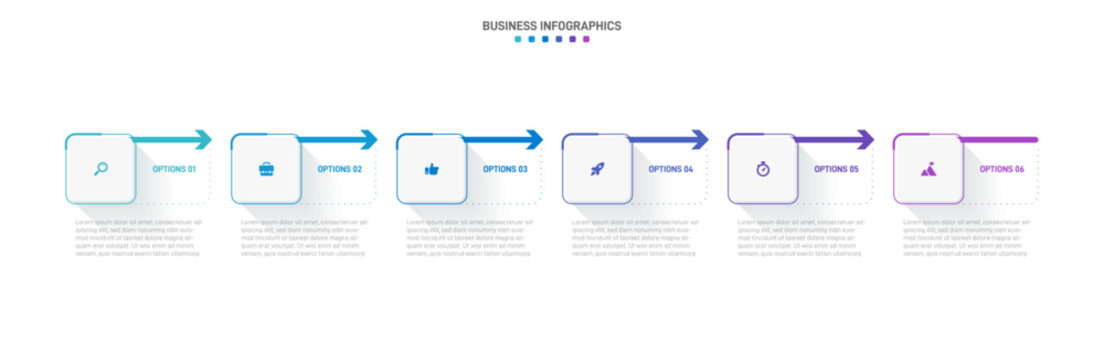 Timeline infographic with infochart. Modern presentation template with 6 spets for business process. Website template on white background for concept modern design. Horizontal layout.