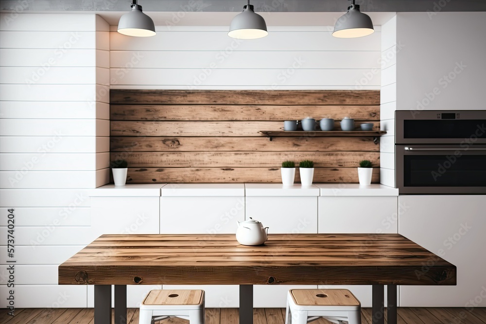 Aufkleber background of a modern kitchen with an empty table and a defocused design. method of showcasing good