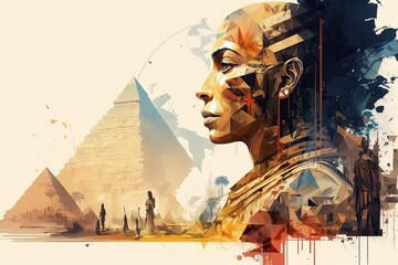 Double exposure, profile of ancient egyptian god, goddess morphing into landscape with pyramids, palms in Egypt, watercolor style, AI generative