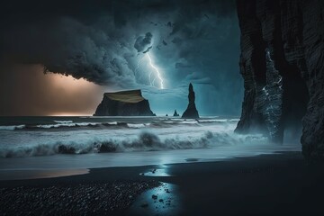 Lightning over Reynisfjara Beach, an exquisite scene. Stormy night on a beach with black sand is a picturesque backdrop. Cliffs at well known landmark are stunning. Generative AI