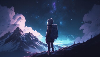 Adventurous hiker with backpack standing atop mountain