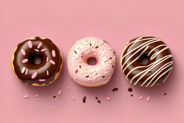 donuts with chocolate, strawberry icing, glazed, sprinkled, pink background, food illustration