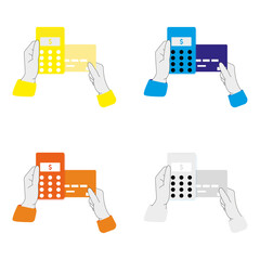 Payment terminals with different colors for safe, reliable and successful credit or debit card payment.  Human hand holding credit or debit card close to the POS terminal to pay. Vector design.