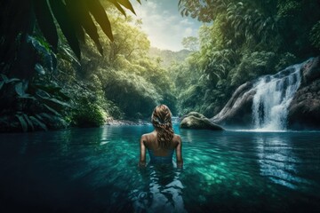 woman swimming in the river tropical jungle, generative ai