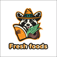 Raccoon Mascot vector logo design wearing cowboy hat and carrying food supplies. Design for food lovers. Suitable for print, Pantone colors used.