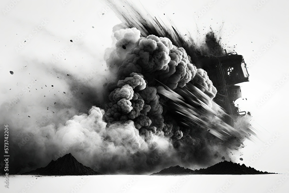 Aufkleber explosive operations in the open pit coal mining sector, producing smoke and dust. generative ai