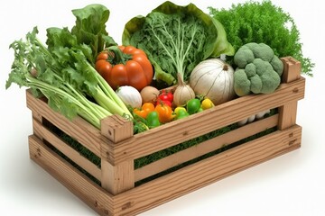 Vegetables in a wooden crate, isolated on white. Generative AI