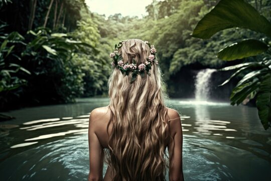 Young Woman Enjoying the Waterfall of the Jungle, generative ai