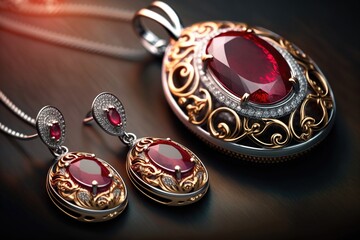 Ruby Gold Jewelry Necklace and Ring  Created with AI Generation Tool