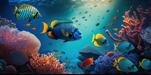 Colorful tropical fish coral scene background, Life in the coral reef underwater, generative AI