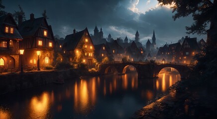 Old medieval village at night [AI Generated]