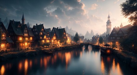 Fototapeta premium Old medieval village at night [AI Generated]