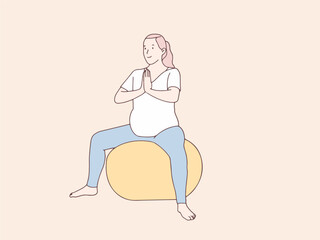 Pregnant woman doing yoga on rubber ball simple korean style illustration