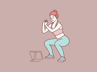 Woman doing workout seen on tablet guide simple korean style illustration
