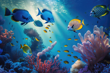 Naklejka na ściany i meble Colorful tropical fish coral scene background, Life in the coral reef underwater, generative AI