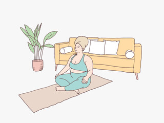 Pregnant woman doing yoga on mattress korean style illustration