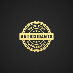 Antioxidants label vector or antioxidants icon logo vector isolated on black background. Antioxidant icon or logo for health product maintain body resistance. Antioxidant seal for multivitamin product