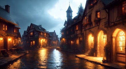 Old medieval village at night [AI Generated]