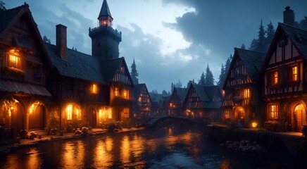 Old medieval village at night [AI Generated]