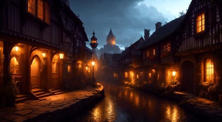 Old medieval village at night [AI Generated]