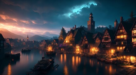 Old medieval village at night [AI Generated] - obrazy, fototapety, plakaty