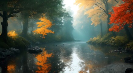 Obraz na płótnie Canvas Tranquil river and forest scenery [AI Generated]
