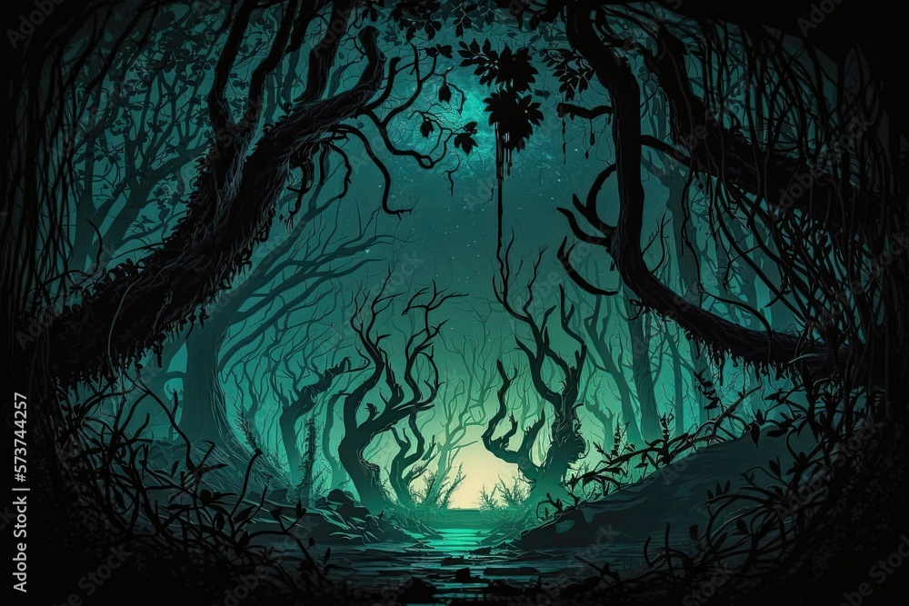Poster nightfall in the forest is dark. strange and ominous vibes. creepy trees in a dark forest. generativ