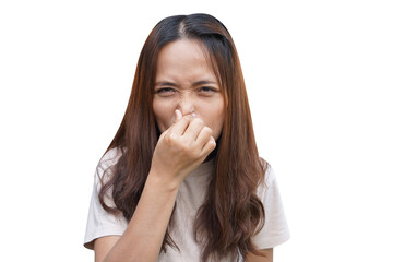 Asian woman pinching her nose with her hands not to get stinky