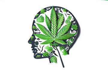 Icon of a man's head with marijuana leaves. Demonstrates dependence and attachment to hashish. it can be used as a logo in places of legal cannabis trade ai