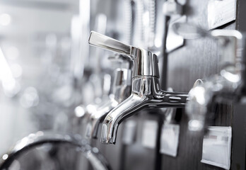 Rows of metal water taps at the showroom of a large store