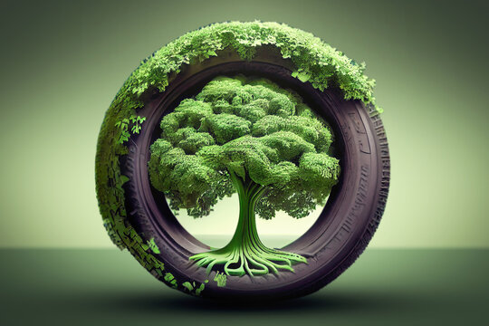 Tire wheel on green background, with tree  growing inside it. Creative design represents the concept of recycling old tires and  production environmentally friendly new tires. Transformation waste  ai