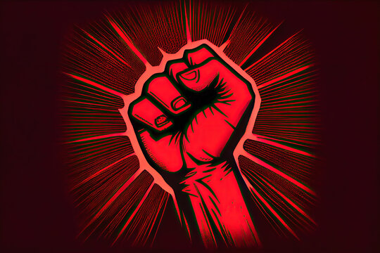 Red fist on a black background, which is a well-known symbol protest. Bold, striking image represents resistance, strength solidarity, conveying powerful message defiance against injustice ai