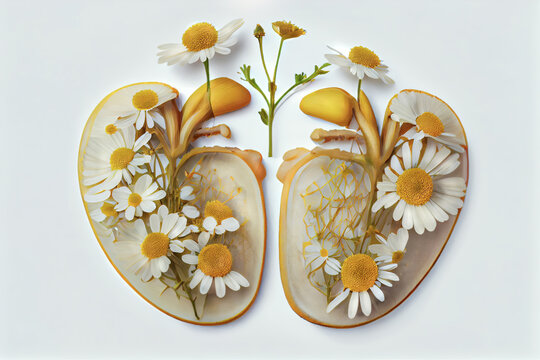 human kidneys made from daisies, set against a white background. Concept of kidney health benefits of herbal medicine chamomile decoction, which  diuretic properties. Daisy petals intricate details ai