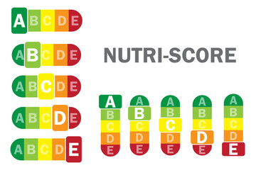colorful packaging with nutri score. Set of different highlighted letters.Vector illustration.