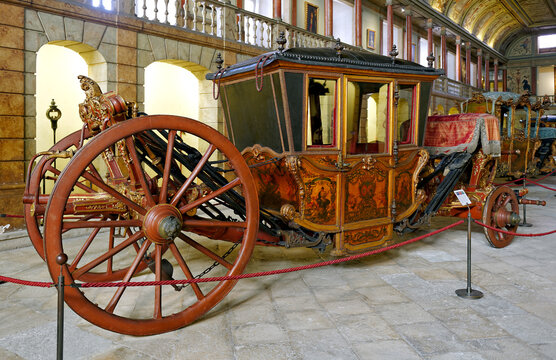 LISBON - NOVEMBER 10, 2015:Spanish Ceremonial Coach from 18th Century, it belonged to Queen Carlota Joaquina, presented at National Coach Museum (Museu dos Coches), the most visited museum in Portugal