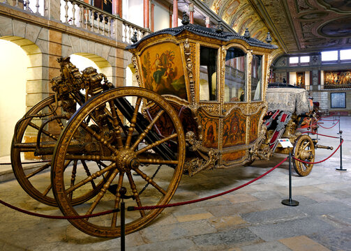 LISBON, PORTUGAL - NOVEMBER 10, 2015: French Ceremonial Coach from 18th Century, it belonged to Prince Francisco, Duke of Beja. National Coach Museum (Museu dos Coches) in Lisbon, Portugal