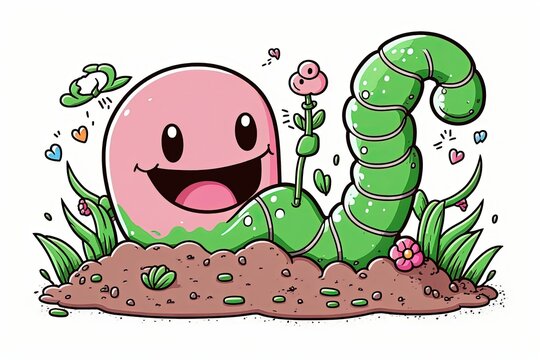 An illustration of a happy pink worm working the dirt in a garden. Generative AI