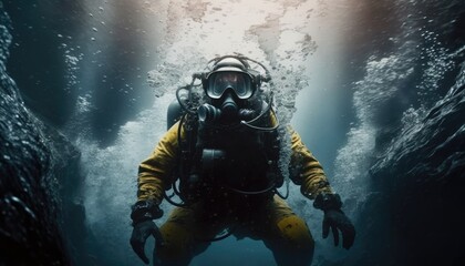 Scuba deep sea diver swimming in a deep ocean cavern . Underwater exploration. Into the abyss.